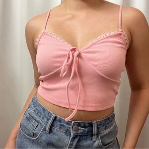 SHEIN Light Pink Lace Trim Cami Crop Barbie Tank Top With Bow Size Small